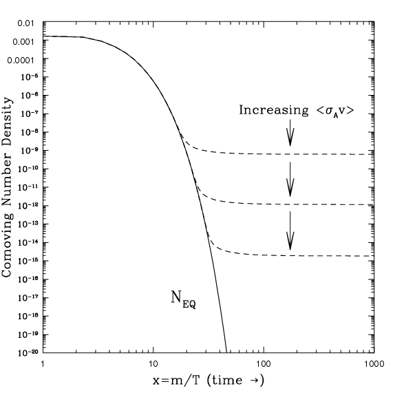 Freeze-out dark matter density lines as we cross its mass threshold in temperature, the largest the cross section the smallest abundance